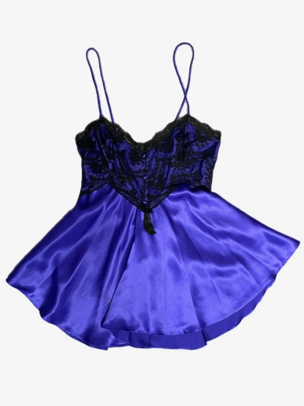 Vintage 90s Amelia’s Royal purple blue satin black sheer lace chemise lingerie S - Picture 7 of 11